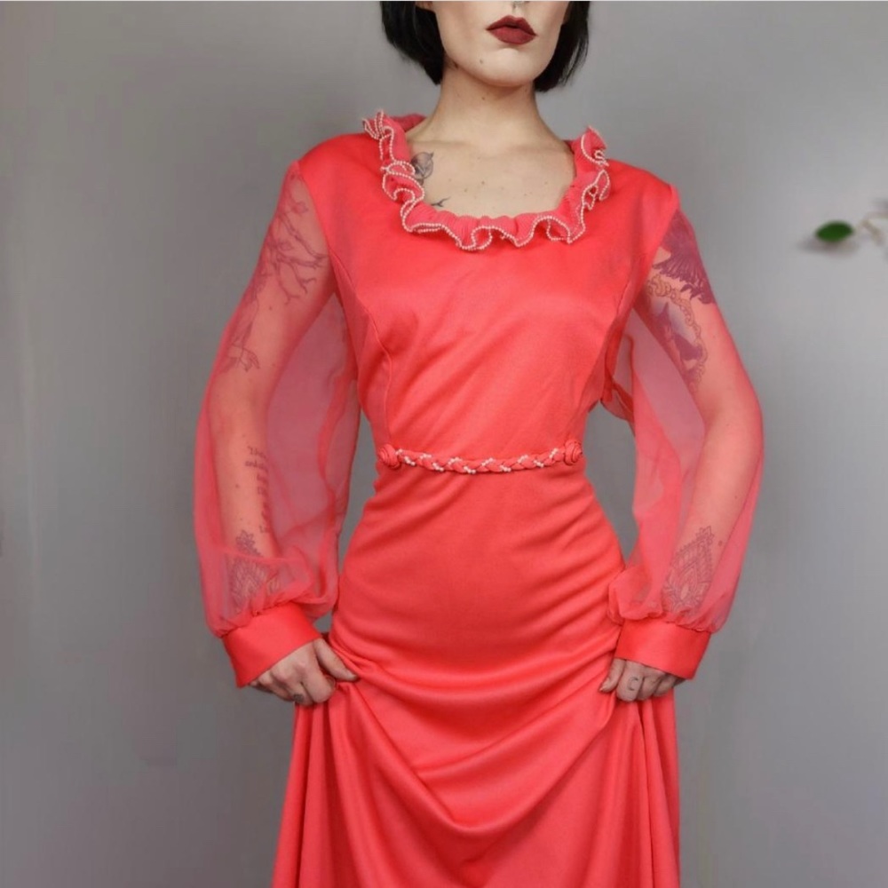 Vintage 70s Pink Formal Prom Bridesmaid Gown